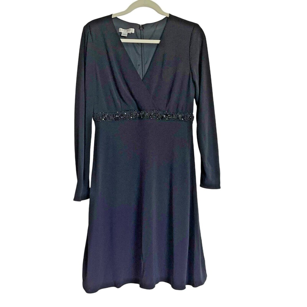 Kay Unger Beaded Waist Faux Wrap Dress Sm Black Long Sleeve Evening Midi